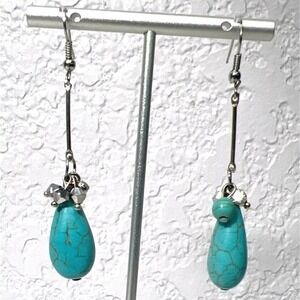 Artisan Teardrop Earrings 2.5" Dangle Crystal‎ Silver Tone Boho Southwest